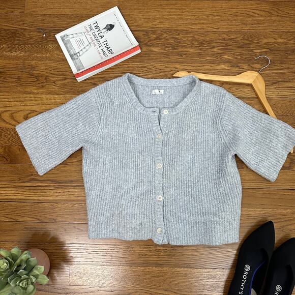 aerie Sweaters - Aerie Gray Oversized Cropped Short Sleeve Knitted Button Front Cardigan